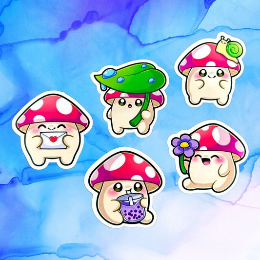 Chibi Mushroom People Set of 5, 1.5-Inch Stickers