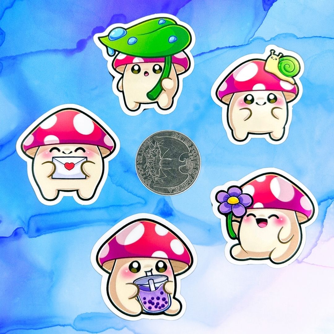 Chibi Mushroom People Set of 5, 1.5-Inch Stickers