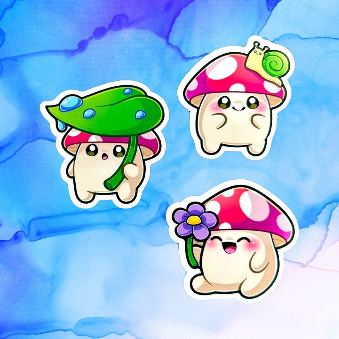 Chibi Mushroom People Set of 5, 1.5-Inch Stickers