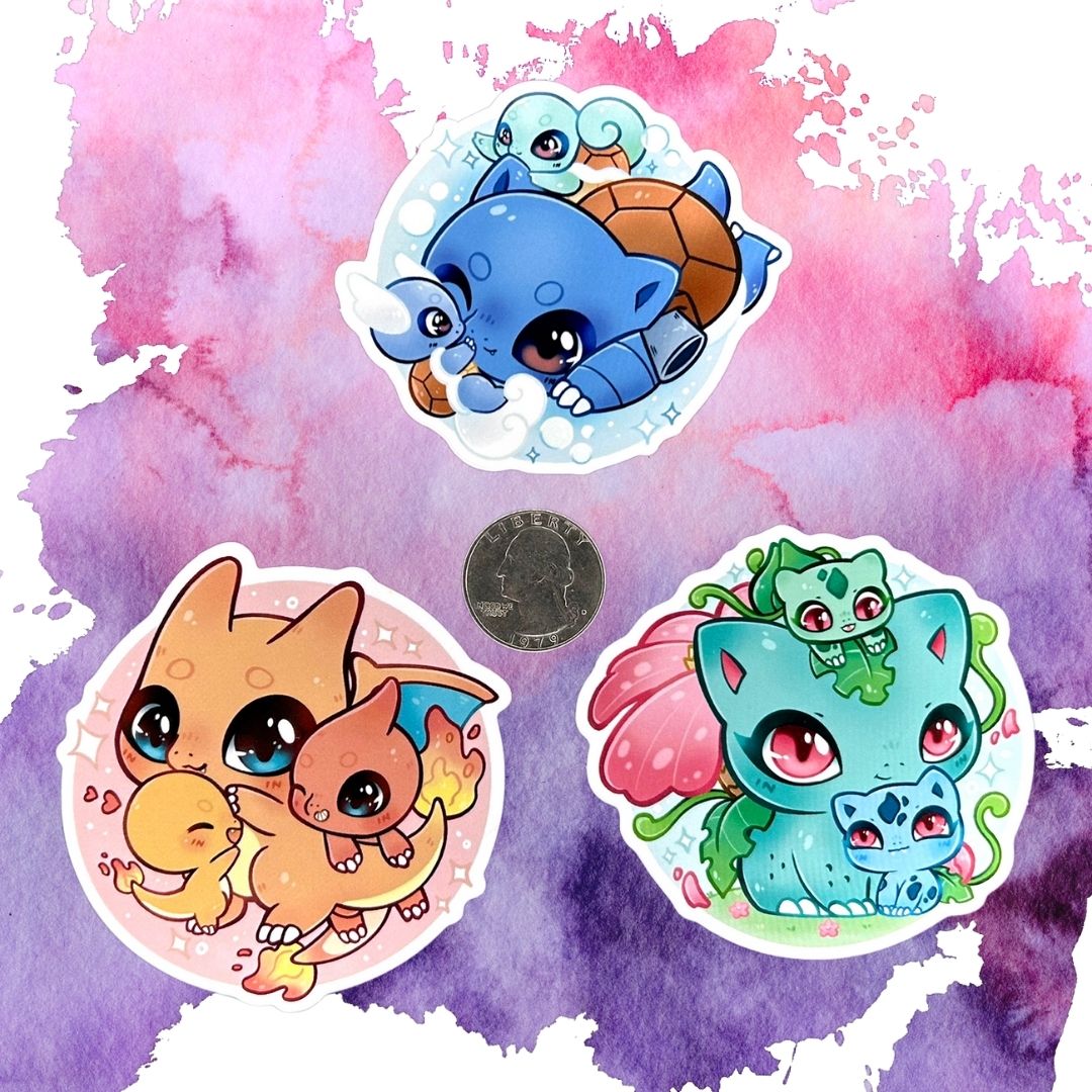 Charizard, Blastoise, Venusaur Families Set of 3, 3-Inch Stickers