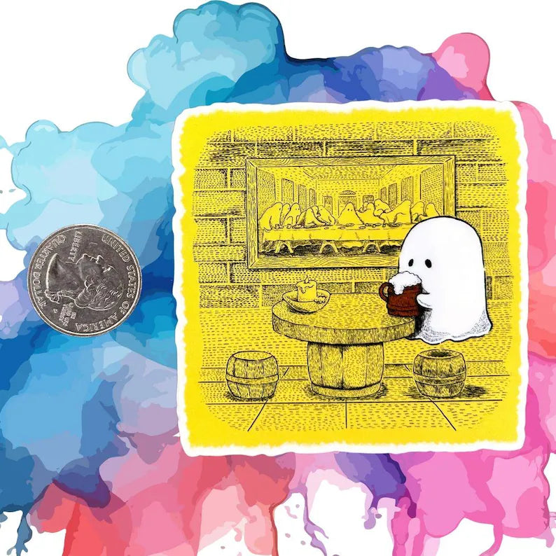 "Sad Ghost Swinging in the Rain" Sticker – "Sad Ghost Grabbing a Pint" Sticker 3" Clear Waterproof Vinyl Decal"