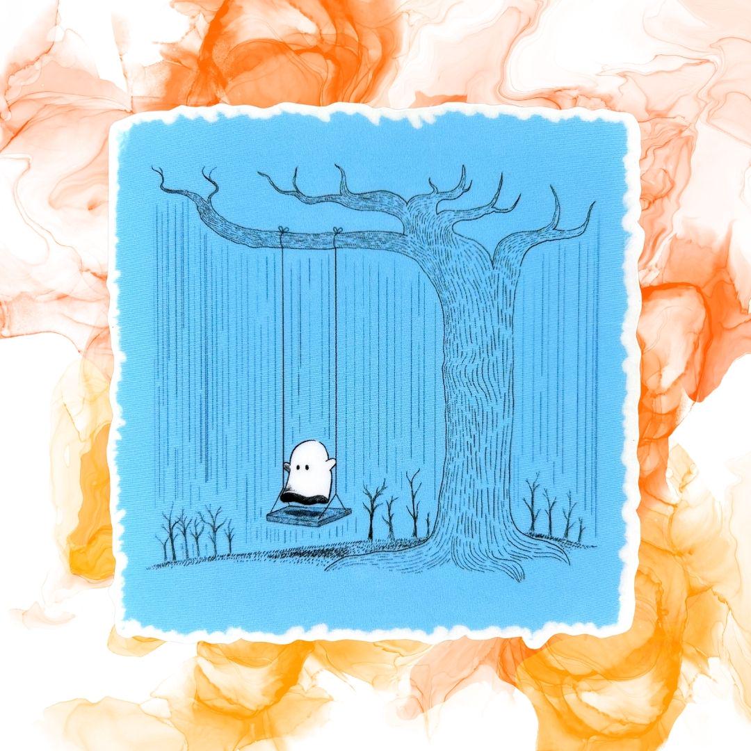 "Sad Ghost Swinging in the Rain" Sticker – "Sad Ghost Grabbing a Pint" Sticker 3" Clear Waterproof Vinyl Decal"