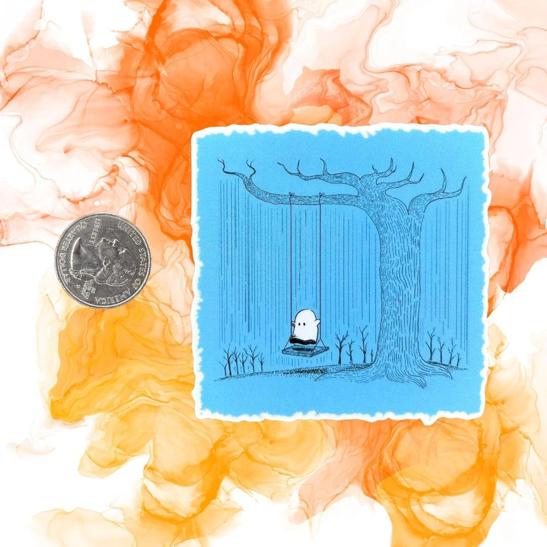 "Sad Ghost Swinging in the Rain" Sticker – "Sad Ghost Grabbing a Pint" Sticker 3" Clear Waterproof Vinyl Decal"