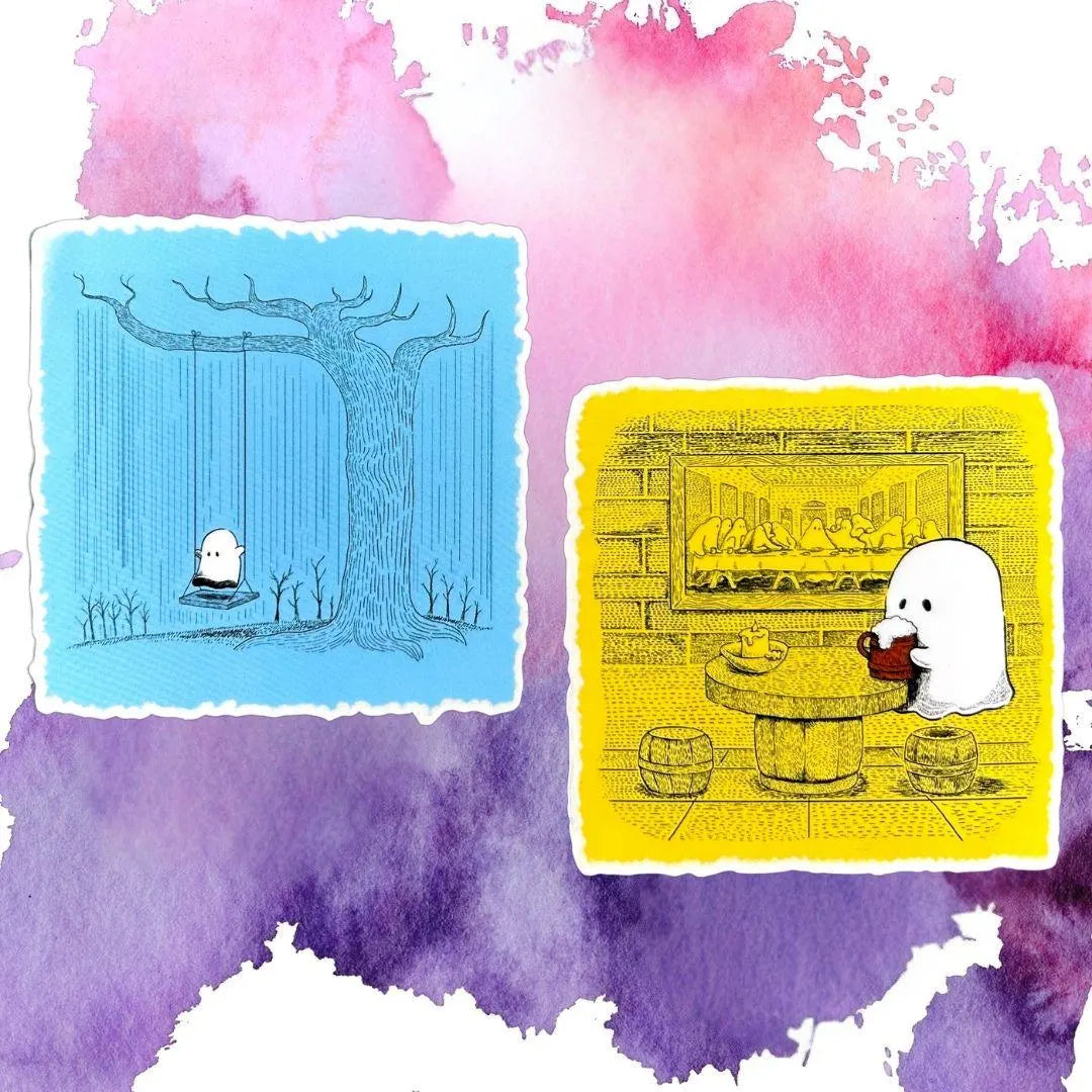 "Sad Ghost Swinging in the Rain" Sticker – "Sad Ghost Grabbing a Pint" Sticker 3" Clear Waterproof Vinyl Decal"