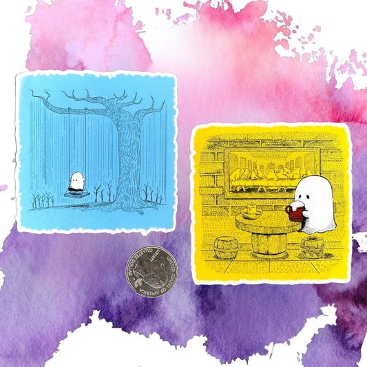 "Sad Ghost Swinging in the Rain" Sticker – "Sad Ghost Grabbing a Pint" Sticker 3" Clear Waterproof Vinyl Decal"